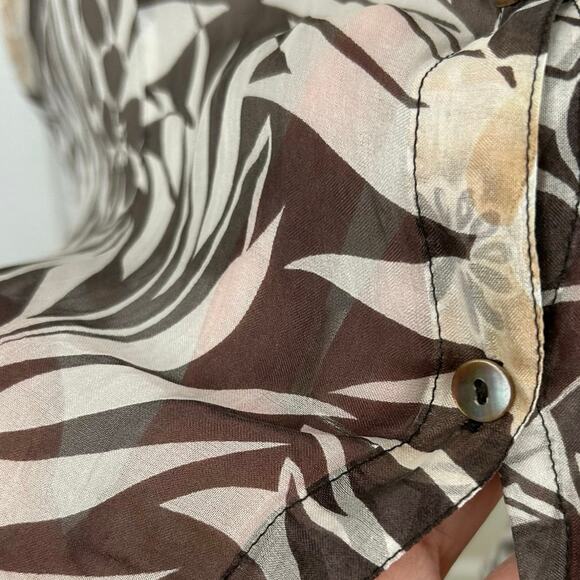 Women Vintage Top Blouse Short Sleeve Tropical Sheer Vacation Silk Brown Size 16 - Picture 3 of 7